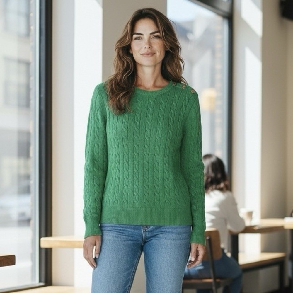 VTG Lauren Ralph Lauren Green Cable Knit Button Shoulder Sweater Size PL